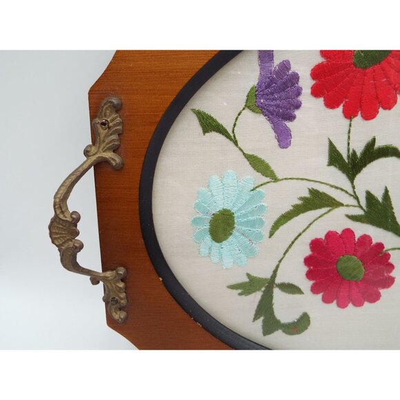 Vintage Oval Glass and Wood Embroidered Floral Serving Vanity Tray Brass Handles - Picture 5 of 8